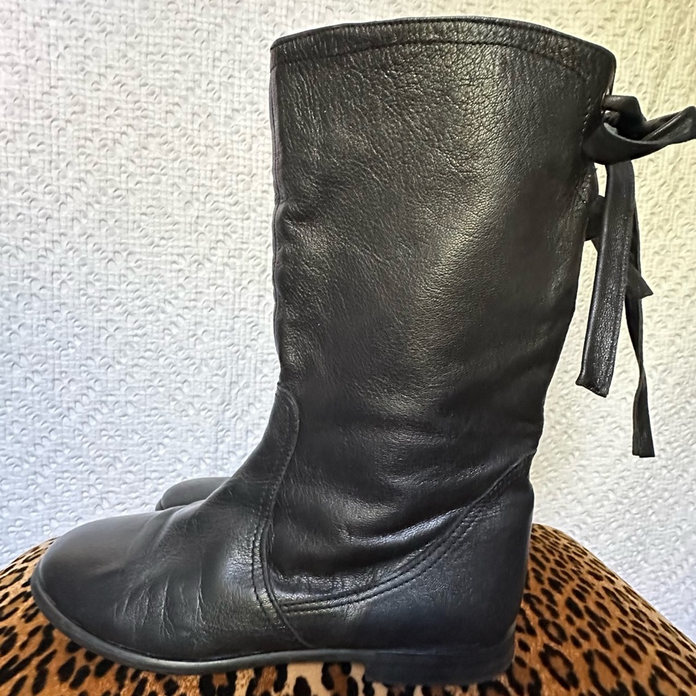 Jonak Paris Black Leather Mid Calf Riding Boots Bow Detail EU 41